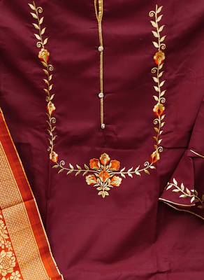 maroon cotton embroidered dress material 4
