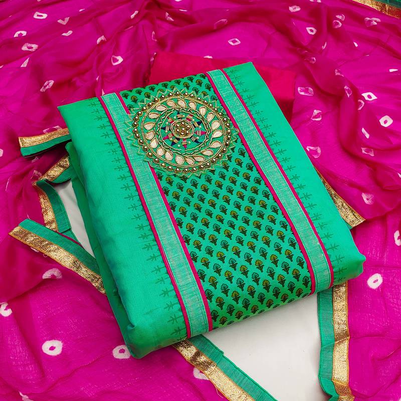 green chanderi hand embroidery dress material