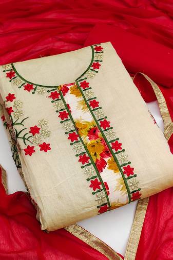 beige chanderi embroidered dress material