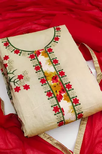 beige chanderi embroidered dress material