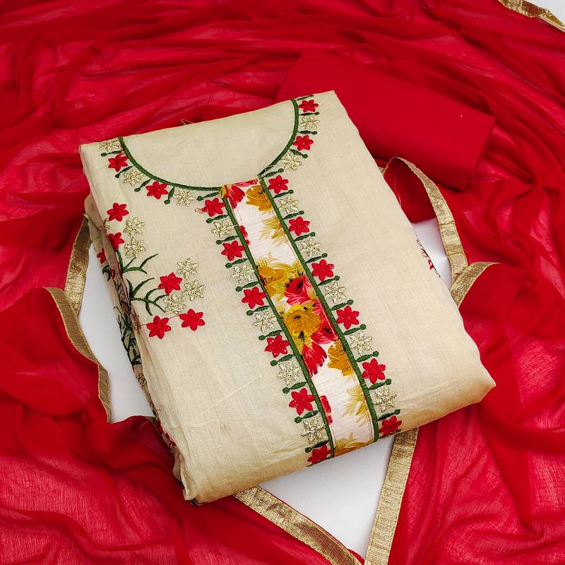 beige chanderi embroidered dress material