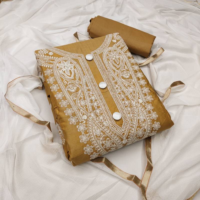 beige cotton embroidered dress material