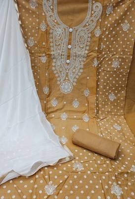 beige cotton embroidered dress material 2