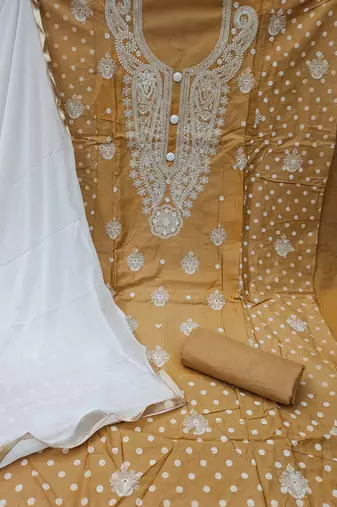 beige cotton embroidered dress material