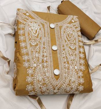 beige cotton embroidered dress material 3