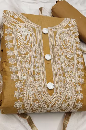 beige cotton embroidered dress material