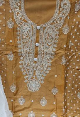 beige cotton embroidered dress material 4
