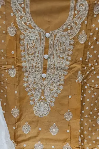 beige cotton embroidered dress material