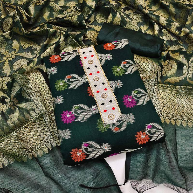 green jacquard woven dress material