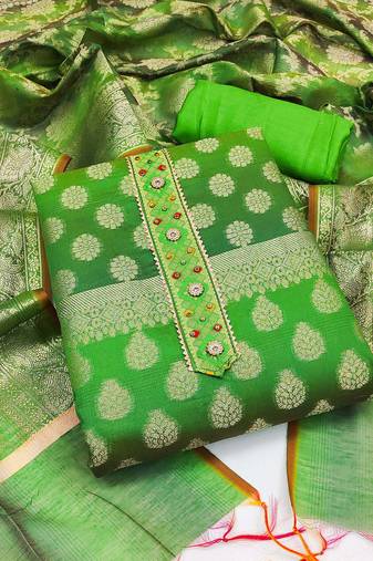 green jacquard woven dress material