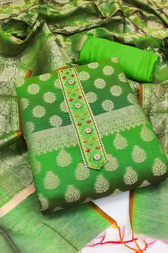 green jacquard woven dress material