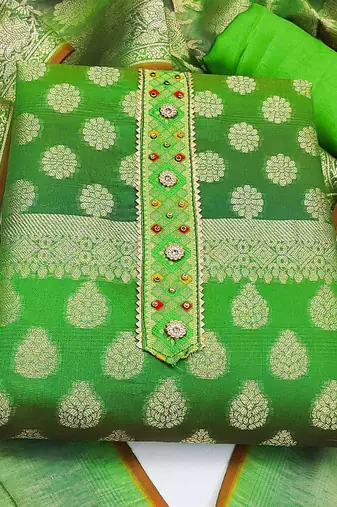 green jacquard woven dress material