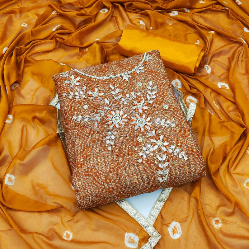 mustard cotton hand embroidery dress material