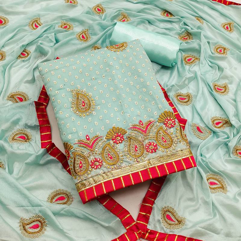sea green cotton embroidered dress material