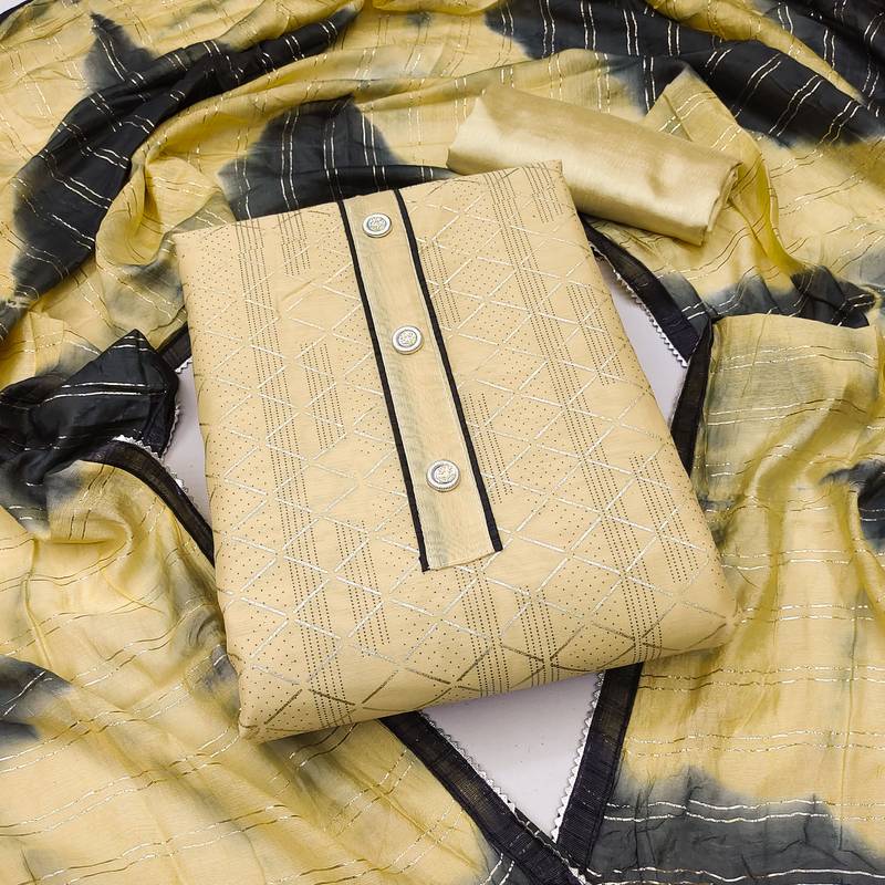 yellow chanderi thread embroidery dress material