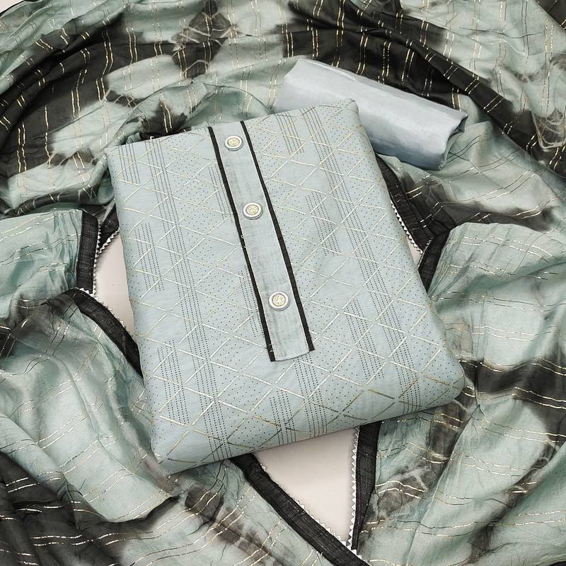 sea green chanderi thread embroidery dress material