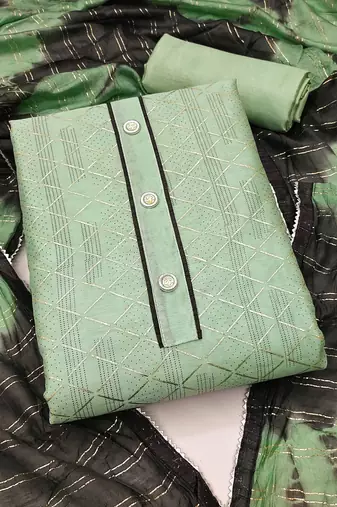 green chanderi thread embroidery dress material