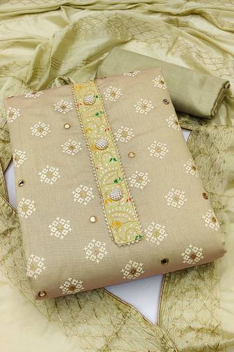 beige chanderi embroidered dress material