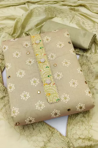 beige chanderi embroidered dress material