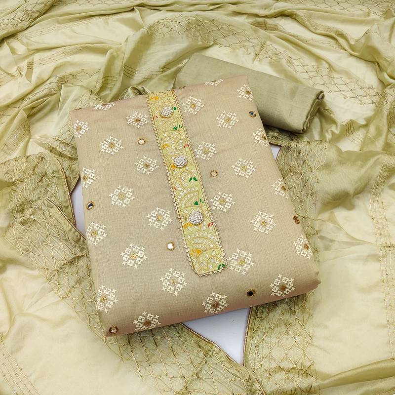 beige chanderi embroidered dress material