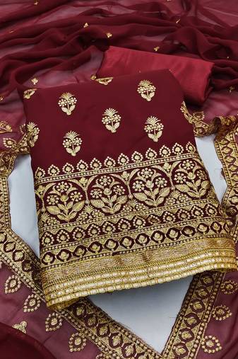 maroon georgette embroidered dress material