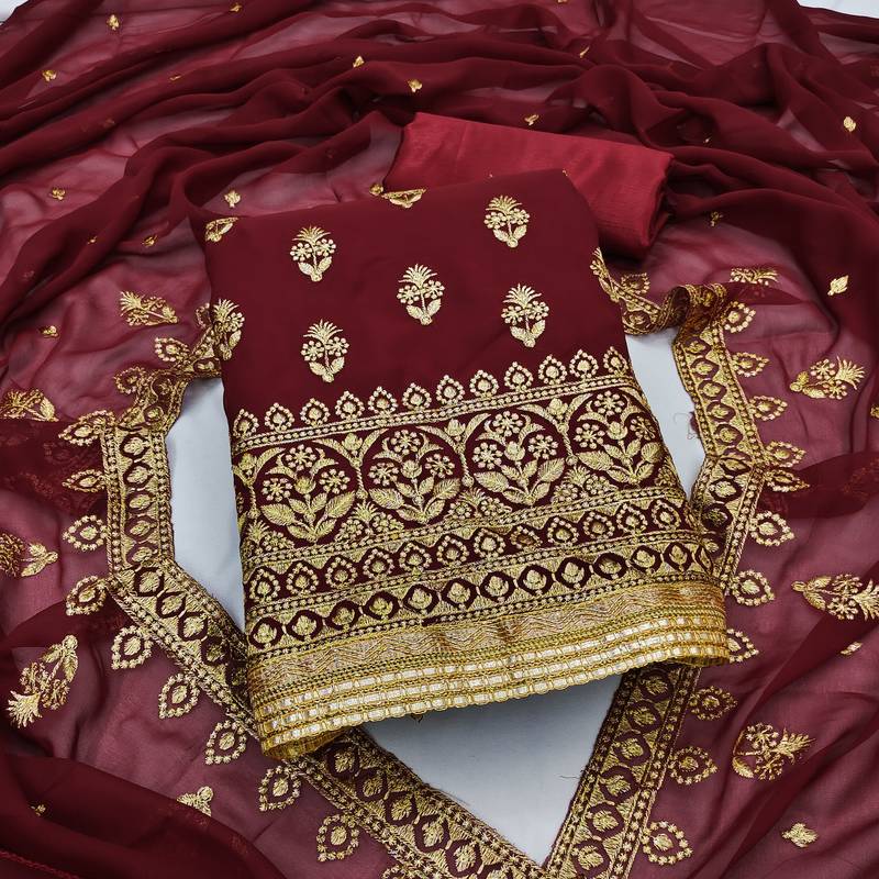 maroon georgette embroidered dress material