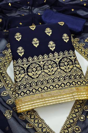 navy blue georgette embroidered dress material