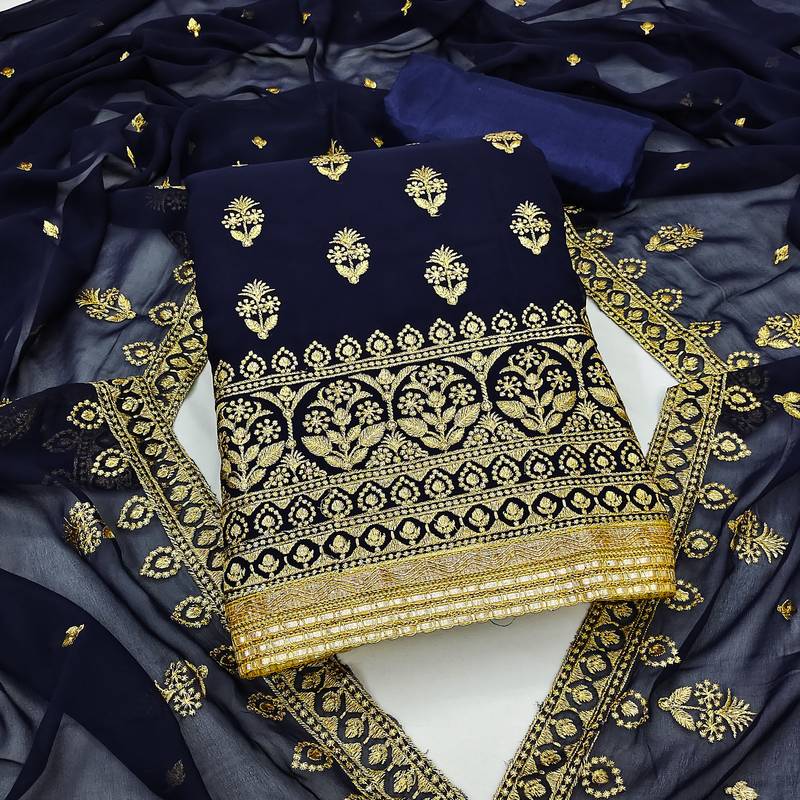 navy blue georgette embroidered dress material