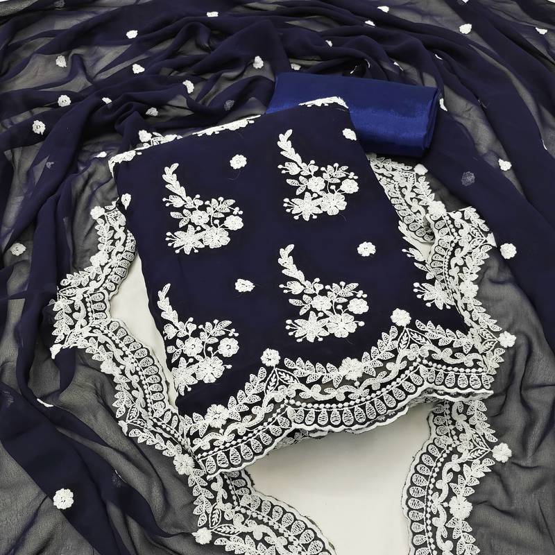 blue georgette embroidered dress material