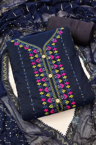 blue cotton embroidered dress material