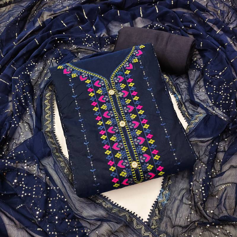 blue cotton embroidered dress material