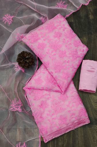 pink organza embroidered dress material