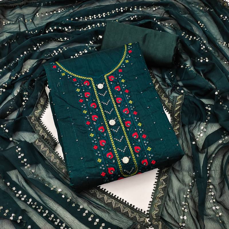 green cotton embroidered dress material