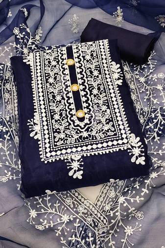 blue organza embroidered dress material