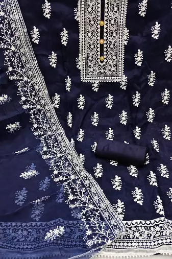 blue organza embroidered dress material