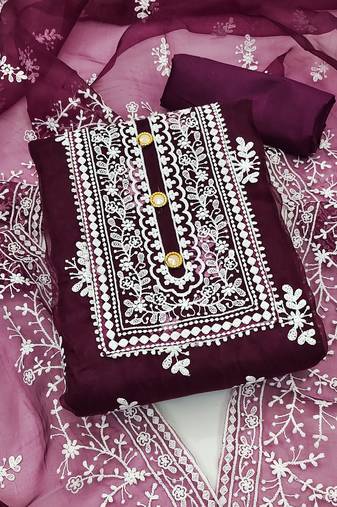 magenta organza embroidered dress material