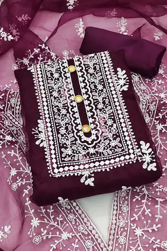 magenta organza embroidered dress material