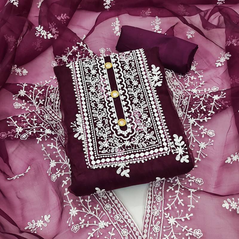 magenta organza embroidered dress material