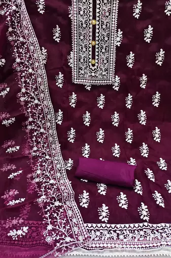 magenta organza embroidered dress material