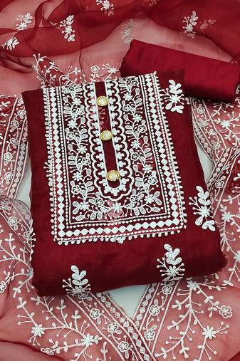 maroon organza embroidered dress material