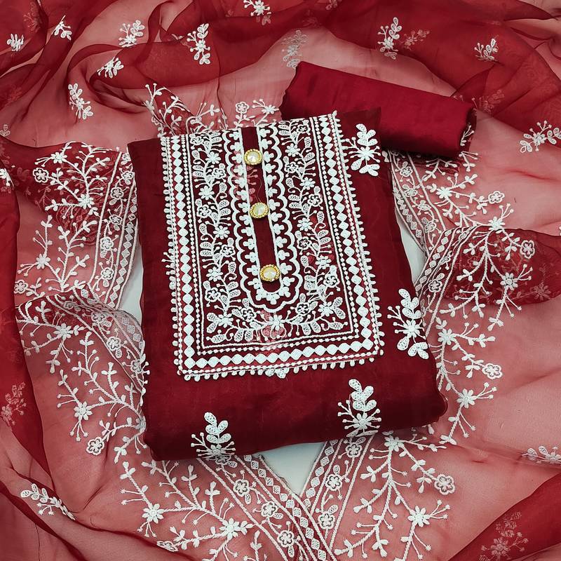 maroon organza embroidered dress material