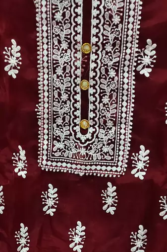 maroon organza embroidered dress material