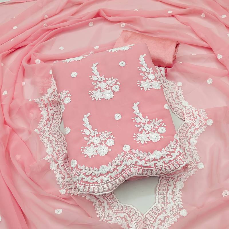 pink georgette embroidered dress material