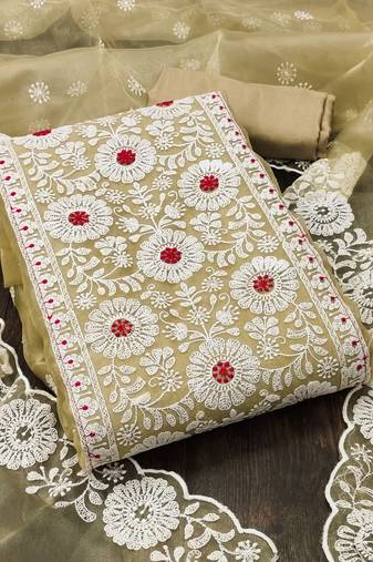 beige organza embroidered dress material