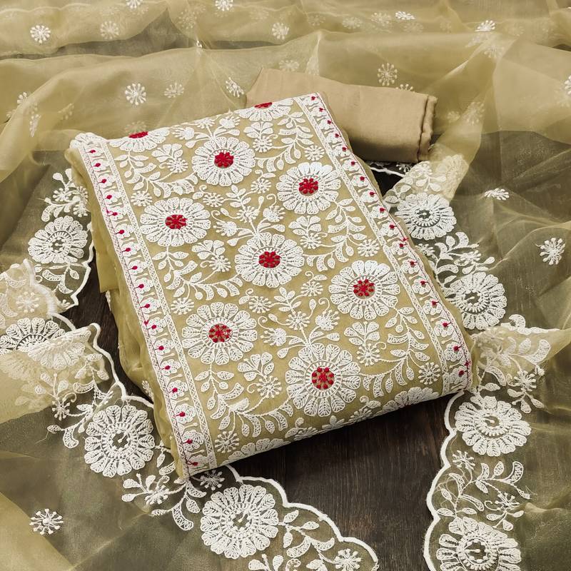 beige organza embroidered dress material