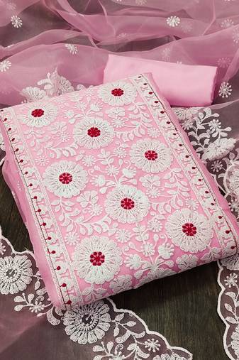 baby pink organza embroidered dress material