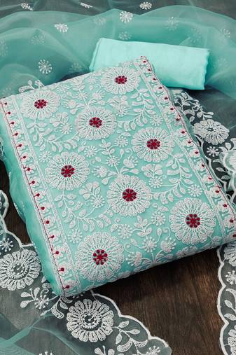 sky blue organza embroidered dress material