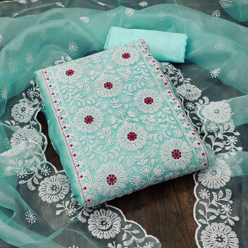 sky blue organza embroidered dress material