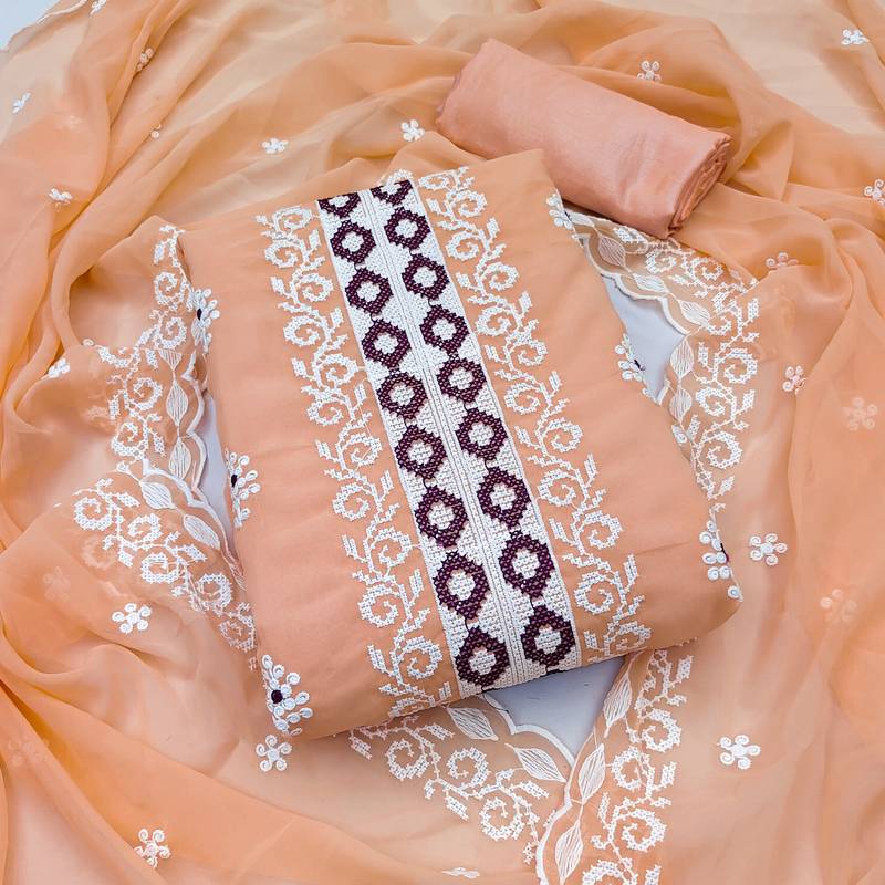 peach organza embroidered dress material
