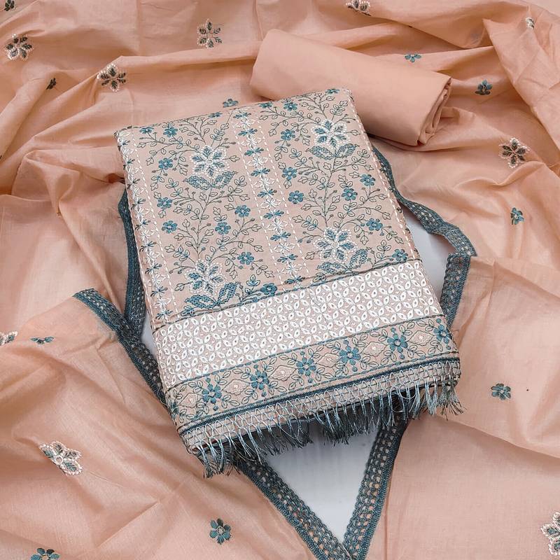 peach organza embroidered dress material